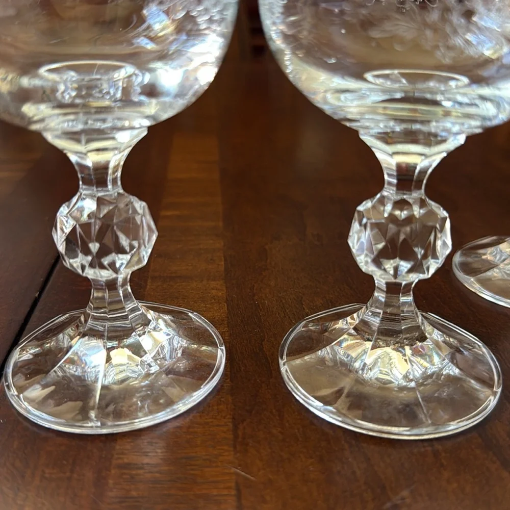 2 pc Czech Bohemian clear etched Crystal Cascade Design cordials footed glasses